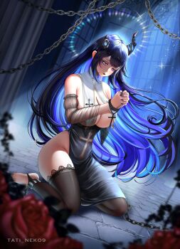 Rule 34 | 1girl, absurdres, asymmetrical horns, bare shoulders, benchikart, black dress, black hair, black horns, black thighhighs, blue hair, blurry, blurry foreground, breasts, chain, cleavage, dress, flower, full body, halo, highres, hololive, hololive english, horns, kneeling, large breasts, light rays, long hair, multicolored hair, nerissa ravencroft, no panties, own hands clasped, own hands together, red flower, red rose, revealing clothes, rose, solo, thighhighs, toeless legwear, two-tone hair, uneven horns, virtual youtuber