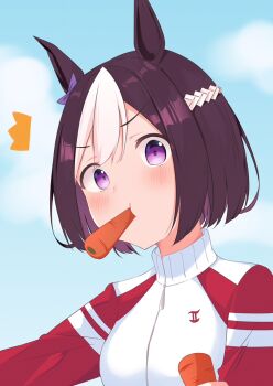 1girl ^^^ ahoge animal_ears blue_sky blush breasts brown_hair carrot cloud commentary day food_in_mouth horse_ears jacket looking_at_viewer medium_breasts mouth_hold multicolored_hair outdoors purple_hair red_jacket riya_(01214) sky solo special_week_(umamusume) track_jacket two-tone_hair umamusume upper_body white_hair