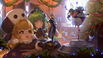 1boy 3girls absurdres ahoge aina_(mayexplode) alternate_costume animal_ears ballerina bare_shoulders bayonet bird blonde_hair blue_hair box brick_wall brother_and_sister brown_coat christmas christmas_ornaments christmas_tree closed_eyes coat commentary dove dress english_commentary feathered_wings fox_ears fox_girl fur-trimmed_coat fur_trim gift gift_box green_hair gun halo halo_behind_head hat head_wings highres holding holding_gun holding_weapon honkai:_star_rail honkai_(series) hook_(honkai:_star_rail) huohuo_(honkai:_star_rail) indoors long_hair mittens multiple_girls open_door open_mouth purple_dress purple_sleeves rifle robin_(honkai:_star_rail) short_hair siblings sideways_hat soldier spiked_halo sunday_(honkai:_star_rail) table the_steadfast_tin_soldier tiptoes toy_soldier two-tone_dress weapon white_wings window wings wooden_table yellow_eyes zhuang_hat