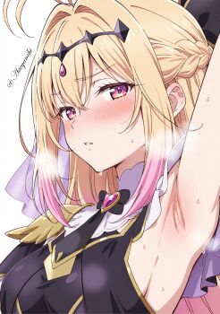 1girl aachan_(aacyanchi) antenna_hair arm_up armpits black_bow blonde_hair blush bow brooch commentary_request cure_arcana_shadow diamond_hairband gradient_hair hair_bow hair_intakes heart heart_brooch highres jewelry long_hair looking_at_viewer magical_girl meitantei_precure! moria_luluka multicolored_hair paid_reward_available parted_lips pink_hair precure presenting_armpit purple_eyes purple_veil simple_background solo sweat twitter_username upper_body veil white_background