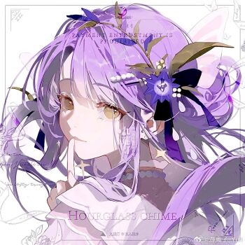 1girl bead_choker beads black_bow blunt_bangs bow butterfly_hair_ornament closed_mouth collared_shirt commission eyelashes finger_to_mouth flower frilled_shirt_collar frills gradient_bow green_eyes hair_beads hair_bow hair_bun hair_flower hair_ornament hairclip light_smile lips long_hair looking_at_viewer looking_back original purple_bow purple_flower purple_hair purple_shirt sample_watermark shirt sidelocks single_side_bun solo too_many_watermarks upper_body watermark weibo_watermark white_background youlizi-yuri