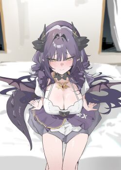 Rule 34 | 1girl, absurdres, beret, black horns, black tail, blunt bangs, blush, breasts, cleavage, commentary, curtains, detached collar, dragon girl, dragon horns, dragon tail, dragon wings, dress, drill hair, gem, gold necklace, hat, highres, horns, jewelry, lamancha 1110, large breasts, long hair, necklace, night, on bed, purple dress, purple hair, purple hat, red gem, sakihane huya, sitting, solo, stellive, tail, thighs, virtual youtuber, white dress, wings, yellow eyes