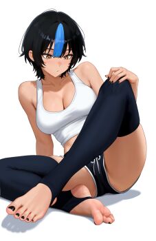 1girl :/ bare_arms bare_shoulders black_hair black_nails black_shorts black_thighhighs blue_hair breasts brown_eyes cleavage collarbone commentary_request crop_top feet hair_between_eyes hand_on_own_knee highres knee_up large_breasts looking_at_object looking_down multicolored_hair nail_polish nihu original shadow shiragi_(nihu) short_hair short_shorts shorts single_hair_streak sitting skindentation soles solo spread_legs stirrup_legwear tank_top thighhighs thighs toeless_legwear toenail_polish toenails toes toned toned_female white_background white_tank_top