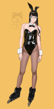1girl absurdres animal_ear_hairband animal_ears black_bow black_bowtie black_hair black_leotard bow bowtie brown_pantyhose detached_collar fake_animal_ears full_body green_eyes hairband highres inline_skates kantai_collection leotard long_hair ojipon ooyodo_(kancolle) orange_background pantyhose playboy_bunny rabbit_ears rabbit_tail roller_skates see-through_strap simple_background skates solo tail watermark wrist_cuffs