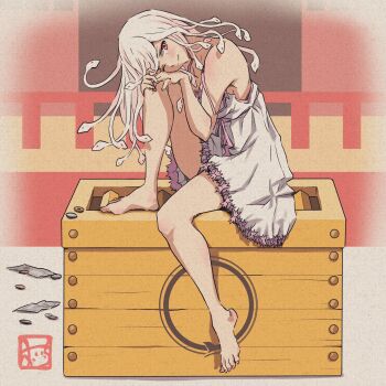 Rule 34 | 1girl, bare shoulders, barefoot, blush, box, closed mouth, donation box, dress, feet, from side, full body, hands on own knee, head on knee, highres, knee up, legs, light smile, living hair, looking at viewer, monogatari (series), oicchikun, one eye closed, red eyes, sengoku nadeko, short dress, shrine, signature, sitting, snake, snake hair, soles, solo, strap slip, white dress, white hair, white snake