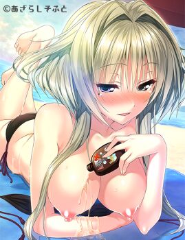 1girl amakano beach blush breasts collarbone hair_intakes heterochromia kanbayashi_mizuki large_breasts long_sidelocks looking_at_viewer lying mole mole_under_eye nipples ocean on_stomach open_mouth piromizu purple_eyes sidelocks smile solo