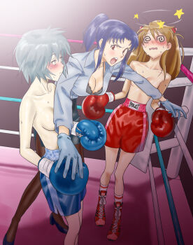 3girls @_@ angry ayanami_rei backlighting black_bra blank_stare blue_hair blue_shorts bob_cut boxing boxing_gloves boxing_ring boxing_shorts bra breasts brown_hair bruise bruised_eye cleavage collarbone covering_breasts covering_privates dizzy expressionless female_focus fighting fighting_stance frilled_bra frills full_body gloves gradient_background hair_ornament hairclip highres holding_hands injury interface_headset_(evangelion) katsuragi_misato lab_coat latex latex_gloves lingerie long_hair long_sleeves looking_at_another looking_to_the_side medium_breasts messy_hair multiple_girls neon_genesis_evangelion open_mouth ponytail purple_eyes red_eyes red_shoes red_shorts seriomaster shadow shoes short_hair shorts small_breasts sneakers souryuu_asuka_langley sponsor star_(symbol) sweat teeth thighhighs topless_female underwear upper_teeth_only white_thighhighs