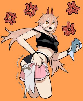 1girl absurdres anger_vein ass ass_focus blonde_hair breasts cat chainsaw_man clothes_pull crop_top cross-shaped_pupils demon_girl demon_horns fangs fish hair_between_eyes highres horns long_hair looking_at_viewer midriff open_mouth power_(chainsaw_man) red_horns sailen0 sharp_teeth shirt_partially_tucked_in shorts shorts_pull simple_background solo strap_slip symbol-shaped_pupils teeth underwear yellow_eyes