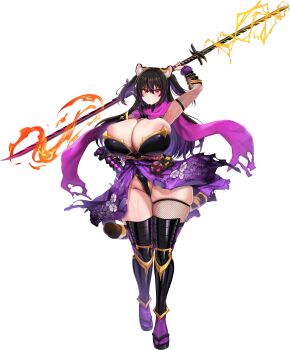 1girl animal_ears areola_slip black_hair blush breasts cleavage double_blade fire fishnet_thighhighs fishnets flaming_sword flaming_weapon geta hair_between_eyes highres holding holding_sword holding_weapon huge_breasts japanese_clothes kaenuco kunoichi_shiden last_origin long_hair looking_at_viewer mole mole_on_breast mole_on_thigh multicolored_hair ninja official_art purple_hair red_eyes single_fishnet_legwear solo sword tabi tachi-e tail thick_thighs thighhighs thighs tiger_ears tiger_girl tiger_tail transparent_background two-tone_hair two_side_up weapon