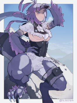 1girl absurdres blue_eyes blue_feathers blue_hair border borrowed_character breasts claws commentary_request commission dragondedemushi feathers highres mountain original skeb_commission small_breasts solo tagme tail talons taur thick_thighs thighs twitter_username underboob white_border