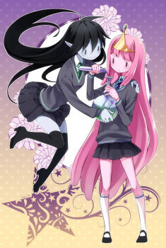 2girls adventure_time black_footwear black_hair black_legwear black_skirt blue_necktie closed_mouth collared_shirt colored_skin commentary demon demon_girl diagonal-striped_clothes diagonal-striped_necktie english_commentary fang fang_out floating_hair flower full_body green_necktie grey_skin grey_sweater hair_between_eyes hand_on_another's_shoulder harry_potter_(series) hogwarts_school_uniform holding inma kneehighs long_hair long_sleeves marceline_abadeer miniskirt multiple_girls necktie pink_hair pleated_skirt pointy_ears princess_bonnibel_bubblegum ravenclaw school_uniform science shirt shoes signature skirt slytherin socks star_(symbol) striped_clothes striped_necktie sweater thighhighs vampire very_long_hair white_socks wizarding_world yuri