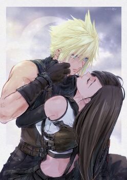 Rule 34 | 1boy, 1girl, bare shoulders, belt, belt buckle, black gloves, black hair, black skirt, blonde hair, blue eyes, breasts, buckle, cloud, cloud strife, cloudy sky, commentary request, couple, crescent moon, crop top, earrings, elbow gloves, final fantasy, final fantasy vii, final fantasy vii rebirth, final fantasy vii remake, gloves, hand on another's back, hetero, highres, holding hands, jewelry, large breasts, long hair, looking at another, moon, multiple belts, ninnin5tora, parted lips, skirt, sky, sleeveless, sleeveless turtleneck, spiked hair, suspender skirt, suspenders, sweater, tank top, tifa lockhart, turtleneck, turtleneck sweater, unconscious, upper body, white tank top