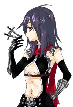 1girl ahoge armor assassin_cross_(ragnarok_online) black_gloves black_shirt breasts clothing_cutout commentary_request elbow_gloves gloves holding holding_knife knife long_hair medium_breasts navel pauldrons purple_hair ragnarok_online red_scarf scarf shirt shoulder_armor simple_background skull sleeveless sleeveless_shirt solo stomach_cutout throwing_knife toriria underboob upper_body vambraces weapon white_background yellow_eyes