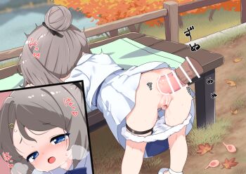 1girl anal bar_censor bent_over blue_eyes blush censored commission hair_bun hair_ornament kaiboukan_no._30_(kancolle) kantai_collection large_variant_set loli nassukun open_mouth outdoors panties panty_pull penis pixiv_commission pussy single_hair_bun underwear variant_set white_panties