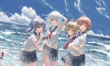 4girls akatsuki_(kancolle) alternate_sleeve_length ball beach beachball black_hair black_sailor_collar black_skirt blue_sky brown_eyes brown_hair cloud day folded_ponytail hibiki_(kancolle) highres horizon ikazuchi_(kancolle) inazuma_(kancolle) kantai_collection looking_at_viewer multiple_girls neckerchief ocean outdoors pleated_skirt red_neckerchief sailor_collar sailor_shirt school_uniform serafuku shirt skirt sky summer_uniform tomushi water waves white_hair white_shirt