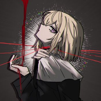 1girl ambiguous_red_liquid at_09098 bang_dream! bang_dream!_it&#039;s_mygo!!!!! blonde_hair commentary_request doloris_(bang_dream!) grey_background hand_on_own_neck hand_up highres korean_commentary medium_hair misumi_uika purple_eyes solo sophie_(bang_dream!) string string_around_neck string_of_fate upper_body