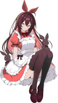1girl ahoge alice&#039;s_adventures_in_wonderland alice_(alice_in_wonderland) alice_(alice_in_wonderland)_(cosplay) apron black_background black_hair black_panties black_thighhighs breasts brown_shoes colored_inner_hair commentary cosplay dress english_commentary highres honkai_(series) honkai_impact_3rd long_hair looking_at_viewer medium_breasts multicolored_hair panties red_dress red_eyes red_hair seele_(alter_ego) seele_vollerei shoes simple_background solo stuffed_animal stuffed_toy thighhighs two-tone_hair underwear unifox0123 very_long_hair white_apron zettai_ryouiki