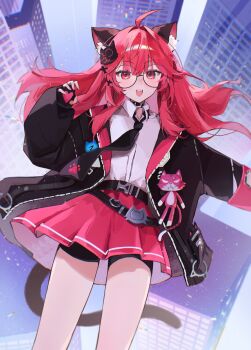 1girl absurdres ahoge animal_ear_fluff animal_ears belt black_belt black_gloves black_necktie blunt_bangs blush building cat_ears cat_girl cat_hair_ornament cat_tail chromatic_aberration commentary cowboy_shot falling fingerless_gloves from_above glass gloves hair_ornament heart heart_print highres long_hair looking_at_viewer nanally_(nte) necktie neverness_to_everness open_clothes paw_print red_eyes red_hair red_skirt shorts shorts_under_skirt skirt skyscraper solo tail x_hair_ornament yuzureei