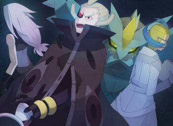 Rule 34 | 10s, 3boys, ahoge, colress (pokemon), dragon, eyepatch, gen 5 pokemon, ghetsis (pokemon), glasses, green hair, kyurem, lab coat, legendary pokemon, male focus, multicolored hair, multiple boys, nintendo, piany, pokemon, pokemon (creature), pokemon bw2, red eyes, robe, scientist, shadow triad, two-tone hair, white hair, yellow eyes