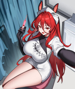 1girl absurdres animal_ears arknights black_bodystocking blush breasts chair circular_saw commentary covered_collarbone covered_navel criss-cross_strings curtains dishui_tangni dress from_above hair_between_eyes hand_up hat highres holding holding_syringe horse_ears horse_girl indoors large_breasts long_hair long_hair_between_eyes looking_at_viewer narantuya_(arknights) narantuya_(the_chainsaw_nurse)_(arknights) nurse nurse_cap official_alternate_costume on_chair open_mouth orange_eyes outstretched_arm red_hair saw see-through_cleavage see-through_clothes sidelocks silhouette sitting solo sweatdrop syringe thighs very_long_hair white_dress window