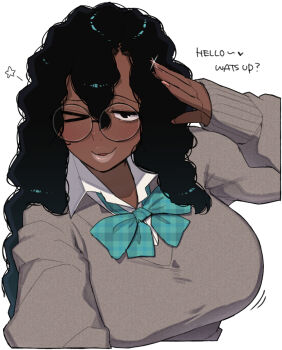 >_o 1girl aqua_hair black_hair blue_ribbon breasts broccoli_(ohasi) cardigan collared_shirt commentary dark-skinned_female dark_skin english_text fingernails glint gradient_hair half-closed_eyes kinky_hair large_breasts long_fingernails long_hair long_sleeves looking_at_viewer motion_lines multicolored_hair nail_polish neck_ribbon ohasi one_eye_closed original parted_lips pink_nails raised_eyebrow ribbon salute school_uniform shirt simple_background sleeves_past_wrists smile solo star_(symbol) symbol-only_commentary thick_lips very_dark_skin white_background wink_star