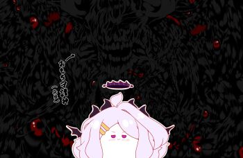 >:) ahoge arrow_(symbol) black_wings blue_archive blush closed_mouth commentary_request grey_hair hair_ornament hairclip halo highres hina_(blue_archive) horns kurukurumagical looking_at_viewer mini_wings outline parted_bangs purple_eyes red_eyes single_hair_intake smile translation_request v-shaped_eyebrows white_outline wings