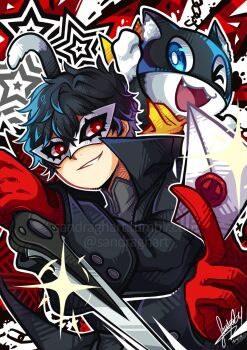 1boy amamiya_ren animal animal_on_shoulder bandana black-framed_eyewear black_cat black_hair black_jacket blue_eyes cat cat_mask cat_on_shoulder commentary dated english_commentary envelope folding_knife glint gloves hair_between_eyes highres jacket joker_(persona_5) knife male_focus mask morgana_(persona_5) multiple_boys nintendo open_mouth persona persona_5 red_eyes red_gloves sandragh short_hair signature smash_invitation smile star_(symbol) super_smash_bros. super_smash_bros._logo watermark wax_seal white_mask yellow_bandana