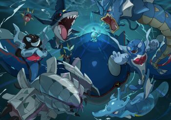 6+others :o absurdres air_bubble alternate_color animal_focus black_sclera blue_skin bubble carvanha caustics colored_sclera colored_skin coral crossed_arms epic fangs fighting gen_1_pokemon gen_2_pokemon gen_3_pokemon gen_4_pokemon gen_7_pokemon glowing golisopod gyarados highres kingdra kyogre legendary_pokemon looking_ahead looking_at_another manaphy multiple_others mythical_pokemon neon_lights nintendo no_humans open_mouth palafin palafin_(hero) pectorals pokemon pokemon_(creature) pokemon_focus riding riding_pokemon sharp_teeth sharpedo shiny_pokemon solo teeth underwater w0ch1en water yellow_eyes