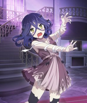 1girl :o @_@ arm_up bags_under_eyes bandaged_arm bandages banister bare_shoulders black_bow black_thighhighs blood blood_from_mouth blue_hair bow breasts candelabra candlestand collarbone cowboy_shot dappled_moonlight dress dress_bow fake_blood fireplace game_cg green_eyes hair_between_eyes hair_bow haji_keiko halloween halloween_costume hand_up indoors looking_at_viewer medium_hair moonlight night official_art open_mouth outstretched_arm outstretched_arms pale_skin picture_frame purple_dress railing sleeveless sleeveless_dress small_breasts solo stairs tears thighhighs third-party_source toji_no_miko toji_no_miko:_kizamishi_issen_no_tomoshibi torn_bandages torn_clothes torn_dress torn_thighhighs wavy_hair window zettai_ryouiki zombie_pose