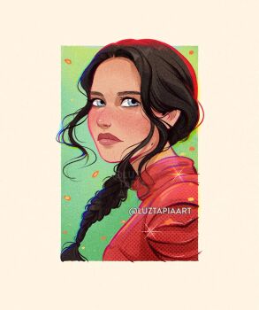1girl artist_name black_hair blue_eyes highres jacket katniss_everdeen long_hair luztapiaart ponytail portrait red_jacket solo the_hunger_games