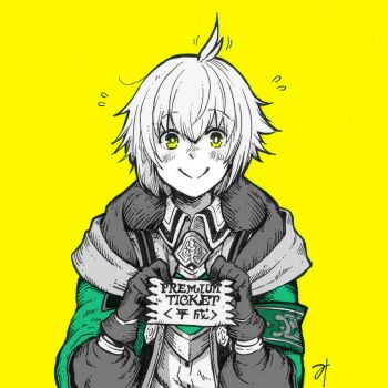 Rule 34 | 1boy, bad id, bad pixiv id, closed mouth, coat, collared shirt, el (grimms echoes), english text, gloves, green coat, grimms echoes, hair between eyes, hands up, highres, holding, holding ticket, hood, hooded coat, long sleeves, looking at viewer, male focus, misoshiru umai4, open clothes, open coat, partially colored, puffy long sleeves, puffy sleeves, shirt, short hair, signature, simple background, smile, solo, ticket, upper body, yellow background, yellow eyes