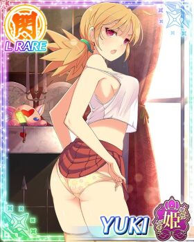 border breasts card_(medium) changing_clothes floral_print floral_print_panties game_cg hair_tie indoors large_breasts low_twintails midriff non-web_source official_alternate_costume official_art orange_hair panties pink_eyes pleated_skirt print_panties red_skirt see-through_clothes see-through_shirt senran_kagura senran_kagura_new_wave shirt short_twintails skirt stuffed_animal stuffed_toy sunlight tank_top thighhighs twintails underwear white_tank_top yellow_panties yellow_thighhighs yuki_(senran_kagura)