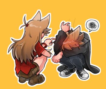 Rule 34 | 1boy, 1girl, animification, black coat, black pants, blush, bracelet, brown hair, brown shoes, brown shorts, buwangchuxingaoyixin, chinese commentary, coat, commentary request, dual persona, eddsworld, embarrassed, from behind, genderswap, genderswap (mtf), hair bobbles, hair ears, hair ornament, jewelry, long hair, long sleeves, official alternate costume, outline, pants, poking, red shirt, shirt, shoes, short hair, shorts, simple background, sneakers, spoken squiggle, squatting, squiggle, tord (eddsworld), tori (eddsworld), trench coat, variant set, white outline, yellow background