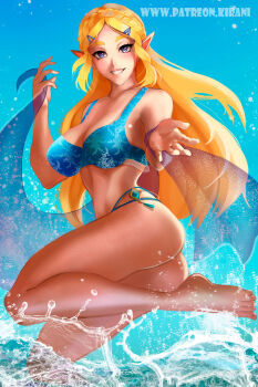 1girl absurdres ass barefoot bikini blonde_hair breasts cleavage elf feet female_focus full_body hair_ornament hairclip highres kirani legs long_hair nintendo pointy_ears princess_zelda smile swimsuit the_legend_of_zelda the_legend_of_zelda:_breath_of_the_wild thighs toes water