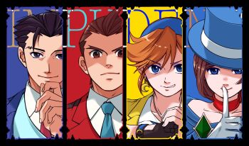 Rule 34 | 2boys, 2girls, ace attorney, apollo justice, athena cykes, black eyes, black gloves, black hair, blue eyes, blue hairband, blue hat, blue necktie, brown eyes, brown hair, closed mouth, crescent, crescent earrings, earrings, fist in hand, gloves, hairband, hat, highres, index finger raised, jewelry, looking at viewer, multiple boys, multiple girls, necktie, orange hair, parted lips, phoenix wright, ragi (od6fine), red necktie, short hair, single glove, smile, trucy wright, upper body, white gloves