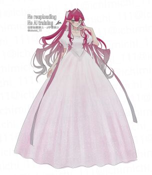 1girl ball_gown baobhan_sith_(fate) breasts cleavage collarbone dress fate/grand_order fate_(series) grey_eyes highres ichimichi_111 large_breasts long_hair looking_at_viewer red_hair smile solo twitter_username watermark white_dress