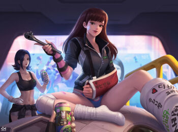 2girls alternate_costume arm_sling bandage_on_face bandages bare_arms bare_shoulders black_hair breasts brown_eyes brown_hair can cast citemer cleavage clothes_around_waist d.mon_(overwatch) d.va_(overwatch) drink_can facing_viewer fingerless_gloves gloves hand_on_own_hip hand_up happy highres holding holding_can holding_wrench injury jacket korean_text leg_cast long_hair looking_at_viewer matching_hair/eyes mecha medium_breasts meka_(overwatch) midriff multiple_girls nano_cola navel no_pants overwatch overwatch_1 panties parted_lips pov robot shirt shirt_around_waist shooting_star_d.va short_hair sitting smile socket_wrench socks soda_can soft_drink sports_bra standing tied_shirt toned tools underwear unworn_headwear wrench zipper