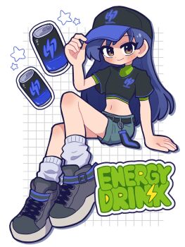 1girl adjusting_clothes adjusting_headwear baseball_cap belt black_belt black_shirt blue_hair blush brown_haired_glasses_elf_(houtengeki) can closed_mouth cropped_shirt drink_can energy_drink fis_(t83192933) flat_chest full_body grey_shoes hat highres idolmaster idolmaster_(classic) kisaragi_chihaya long_hair loose_socks midriff navel shirt shoes short_sleeves shorts simple_background sitting smile socks soda_can solo star_(symbol) white_background