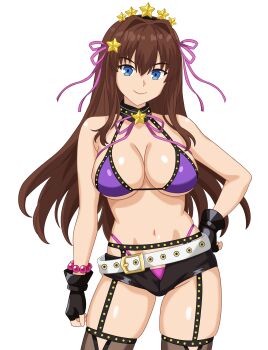 Rule 34 | 1girl, absurdres, aozaki aoko, bare shoulders, bb (fate), bb (swimsuit mooncancer) (second ascension) (fate), bb (swimsuit mooncancer) (second ascension) (fate) (cosplay), bead bracelet, beads, belt, bikini, black gloves, black shorts, black thighhighs, blue eyes, bracelet, breasts, brown hair, cleavage, cosplay, fate/grand order, fate (series), fingerless gloves, garter belt, gloves, hair intakes, hair ornament, hair ribbon, hairband, highres, jewelry, justcuyo, large breasts, long hair, looking at viewer, mahou tsukai no yoru, micro shorts, navel, neck ribbon, purple bikini, ribbon, shorts, sidelocks, solo, star (symbol), star hair ornament, swimsuit, thighhighs, thighs, white belt
