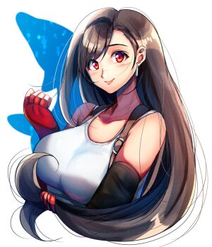 1girl bare_shoulders black_hair black_sleeves blush breasts brown_hair closed_mouth commentary_request crop_top detached_sleeves earrings final_fantasy final_fantasy_vii fingerless_gloves gloves highres huge_breasts jewelry large_breasts long_hair looking_at_viewer low-tied_long_hair niwatori_(eck16614) pink_lips red_eyes red_gloves smile solo swept_bangs tank_top tifa_lockhart upper_body white_tank_top