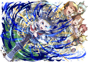 1boy 6+girls absurdres ahoge animal_ears anzo_(anzu_elichi0928) belno_light_(umamusume) black_hair black_pantyhose blonde_hair blue_eyes blue_sailor_collar blue_skirt boots bow bowtie braid brooch brown_hair character_doll commentary_request doll drill_hair drill_sidelocks ear_bow ear_ornament ear_ribbon eye_mask folded_ponytail fujimasa_march_(umamusume) glowstick grey_hair hair_between_eyes hair_ornament hairband hand_fan hat highres holding holding_doll holding_fan holding_glowstick horse_ears horse_girl horse_tail jacket jewelry kitahara_jou letter_hair_ornament long_hair long_sleeves mask mini_the_lady_(umamusume) multicolored_hair multiple_girls neckerchief norn_ace_(umamusume) oguri_cap_(starlight_beat)_(umamusume) oguri_cap_(umamusume) open_mouth pantyhose penlight_(glowstick) pleated_skirt purple_shirt red_neckerchief rudy_lemono_(umamusume) running sailor_collar sailor_shirt school_uniform sharp_teeth shirt short_hair side_drill sidelocks skirt smile star_brooch tail teeth tracen_school_uniform two-tone_hair umamusume umamusume:_cinderella_gray vest white_boots white_bow white_bowtie white_hair white_jacket white_shirt yellow_eyes