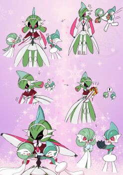 ! >_< 1boy 1girl 1other ^^^ ^_^ arm_blade arm_up arms_up arrow_(symbol) black_gloves black_sclera black_skin blue_gloves blue_hair blush blush_stickers bob_cut box capelet closed_eyes clothed_pokemon colored_sclera colored_skin cropped_legs earmuffs flat_chest floating full_body fur-trimmed_capelet fur-trimmed_gloves fur_trim gallade gardevoir gen_3_pokemon gen_4_pokemon gift gift_box gloves green_hair green_skin group_hug hair_over_one_eye hand_up happy happy_aura highres holding holding_gift hug humanoid_robot iron_valiant joints looking_at_self looking_down mohawk monya motion_lines multicolored_hair multicolored_skin multiple_views nintendo notice_lines one_eye_covered open_mouth outstretched_arm outstretched_arms plaid_capelet plaid_clothes pokemon pokemon_(creature) purple_background red_capelet red_eyes red_hair robot robot_joints running shared_speech_bubble short_hair smile snowflake_background solid_oval_eyes sparkle speech_bubble spoken_exclamation_mark spread_arms standing star_(symbol) straight-on thumbs_up twintails two-tone_hair two-tone_skin unmoving_pattern watermark weapon white_skin