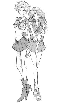 2girls absurdres arms_behind_back bishoujo_senshi_sailor_moon blush boots bow breasts choker crescent crescent_earrings crossed_arms dress_bow earrings full_body gloves greyscale hair_between_eyes highres jewelry kaiou_michiru long_hair looking_at_viewer medium_breasts miniskirt monochrome multiple_girls neginoaoitokoro parted_bangs pleated_skirt sailor_neptune sailor_senshi_uniform sailor_uranus shirt short_hair short_sleeves skirt star_(symbol) star_choker ten&#039;ou_haruka tiara wavy_hair white_gloves white_shirt