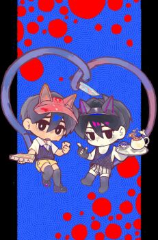 Rule 34 | 2boys, alternate costume, black eyes, black gloves, black hair, black shoes, black shorts, black sweater vest, black tank top, black thighhighs, box, bright pupils, chibi, chibi only, chinese commentary, closed mouth, collared shirt, colored skin, commentary request, cup, double-parted bangs, dual persona, fingerless gloves, gloves, hair between eyes, holding, holding box, holding tray, index finger raised, knife, looking at viewer, male focus, multiple boys, omori, omori (omori), open mouth, pizza box, psychokokuon, shirt, shoes, short hair, short sleeves, shorts, single glove, striped clothes, striped shorts, sunny (omori), sweater vest, tank top, tea, teacup, teapot, thighhighs, tray, two-tone shorts, vertical-striped clothes, vertical-striped shorts, white pupils, white shirt, white shorts, white skin