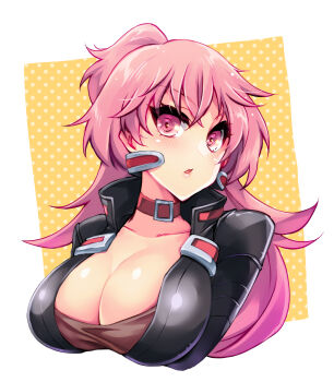 1girl black_jacket border breasts cleavage collar collarbone dancouga_(series) head_tilt hidaka_aoi highres jacket juusou_kikou_dancouga_nova large_breasts long_hair parted_lips pink_eyes pink_hair red_collar shapiro solo white_border