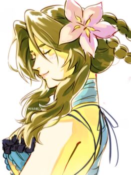 aerith_gainsborough_(garb_of_the_possessed) bandaged_arm bandaged_neck bandages blue_negligee braid braided_hair_rings breasts closed_eyes cosplay emi-bianchi final_fantasy final_fantasy_vii final_fantasy_vii:_ever_crisis flower hair_flower hair_ornament hair_rings highres kaine_(nier) kaine_(nier)_(cosplay) light_blush light_smile lingerie medium_breasts negligee official_alternate_costume parted_bangs pink_flower sidelocks single_bare_shoulder sketch twitter_username underwear wavy_hair white_background