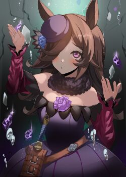 1girl animal_ears bare_shoulders bigboss021 blue_dress blue_flower blue_hat blue_rose blush breasts brown_hair commentary_request dagger dress flipped_hair flower fur_choker hair_over_one_eye hat hat_flower highres horse_ears horse_girl knife long_hair long_sleeves off-shoulder_dress off_shoulder petals purple_eyes rice_shower_(rosy_dreams)_(umamusume) rice_shower_(umamusume) rose sheath sheathed small_breasts solo tilted_headwear umamusume water weapon