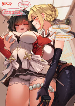 ... 2girls absurdres artist_name astra_yao bangboo_(zenless_zone_zero) black_gloves black_hair black_pants black_ribbon blonde_hair blush bow braid braided_bun breasts chest_strap collared_shirt dress elbow_gloves embarrassed english_text evelyn_chevalier from_below full-face_blush gloves grabbing_another's_breast groping hair_bun hair_ribbon hand_on_another's_chest hand_on_another's_thigh high-waist_pants highres jewelry large_breasts latex_pants lipstick long_hair long_ribbon looking_at_another looking_at_viewer makeup miimach7 multiple_girls panties pants pink_lips purple_eyes red_eyes ribbon shirt single_elbow_glove single_glove sleeveless sleeveless_shirt smile standing teeth thigh_strap thighlet thighs tight_clothes tight_pants underwear upskirt very_long_hair white_bow white_dress white_panties white_shirt yuri zenless_zone_zero