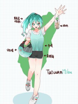 Rule 34 | adapted costume, akamatsu ruuuu, aqua eyes, aqua hair, arm up, bubble tea, chinese text, elbow carry, english text, hatsune miku, helmet, high ponytail, highres, holding, holding unworn helmet, layered clothes, motorcycle helmet, ponytail, shirt under shirt, shoes, short sleeves, shorts, smile, sneakers, standing, standing on one leg, taiwan, traditional chinese text, unworn helmet, vocaloid, waving, worldwide miku