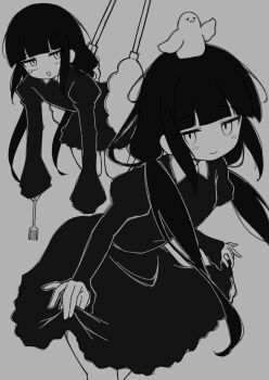 1girl animal animal_on_head bird bird_on_head blunt_bangs blush commentary_request curtsey dress fork greyscale holding holding_fork inabakumori juliet_sleeves lifting_person long_hair long_sleeves looking_at_viewer low_twintails monochrome multiple_views on_head osage_(nukunuku_nigirimeshi) oversized_object puffy_sleeves short_dress simple_background smile spot_late_(vocaloid) tearing_up tongs twintails uki_blove